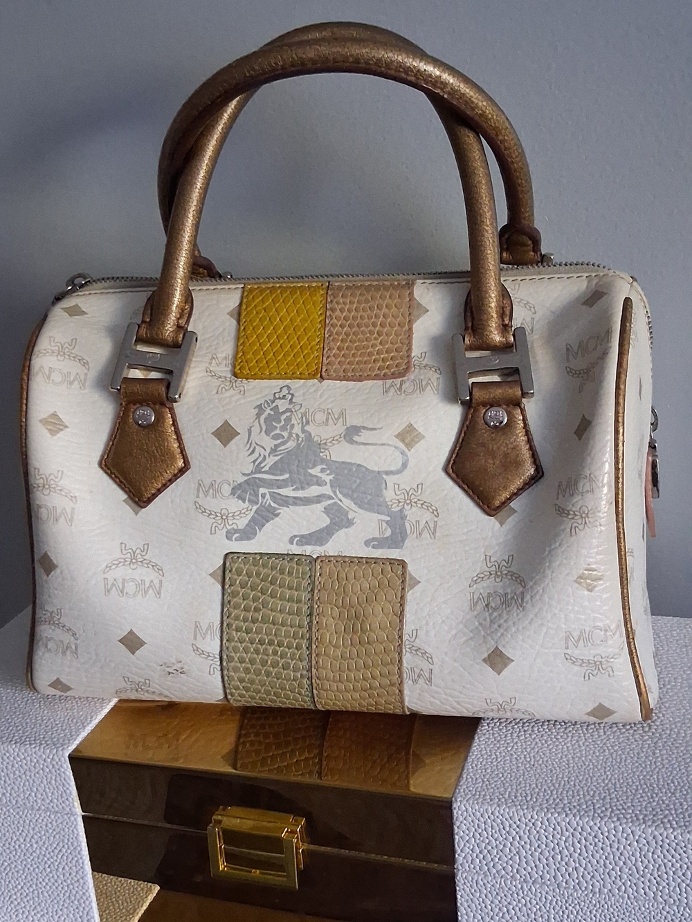 💯Authentic MCM White Monogram Leather Satchel with Gold Accents